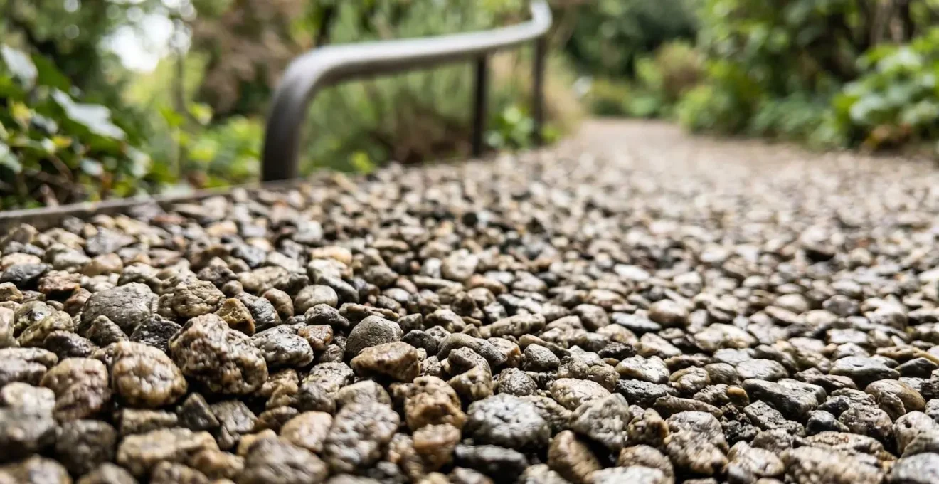 Allée gravillonnée en pente avec dispositifs de sécurité discrets et éclairage naturel