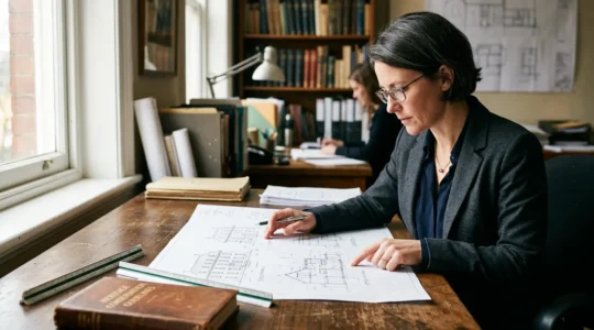Architecte consultant des plans de restauration avec documents officiels