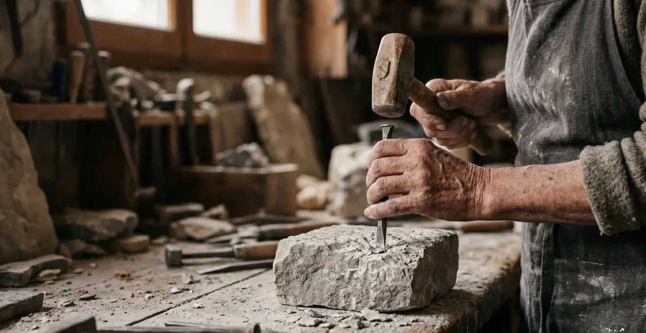 Mains d'artisan spécialisé travaillant la pierre de taille traditionnelle
