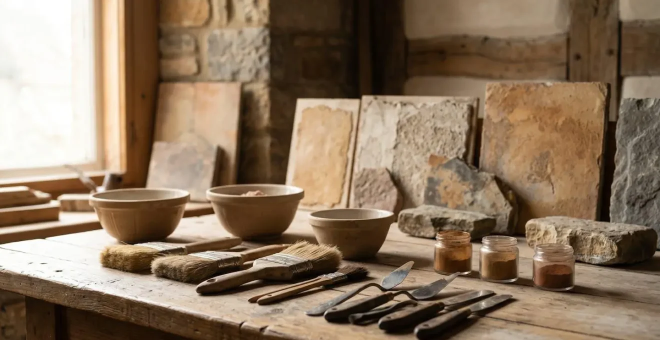 Vue d'ensemble d'un atelier de restauration patrimoniale montrant des outils traditionnels et matériaux de conservation