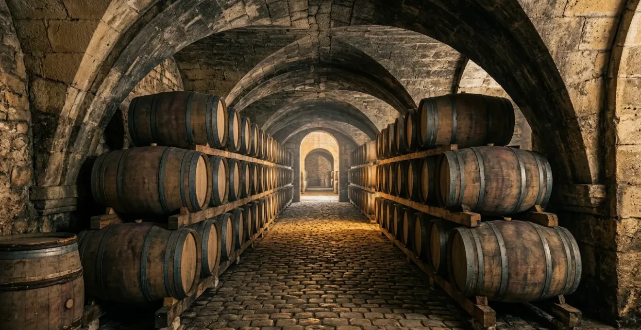 Chai historique d'un château viticole avec barriques de chêne alignées dans une cave voûtée en pierre