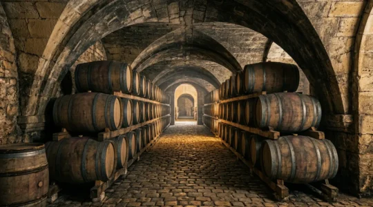 Chai historique d'un château viticole avec barriques de chêne alignées dans une cave voûtée en pierre