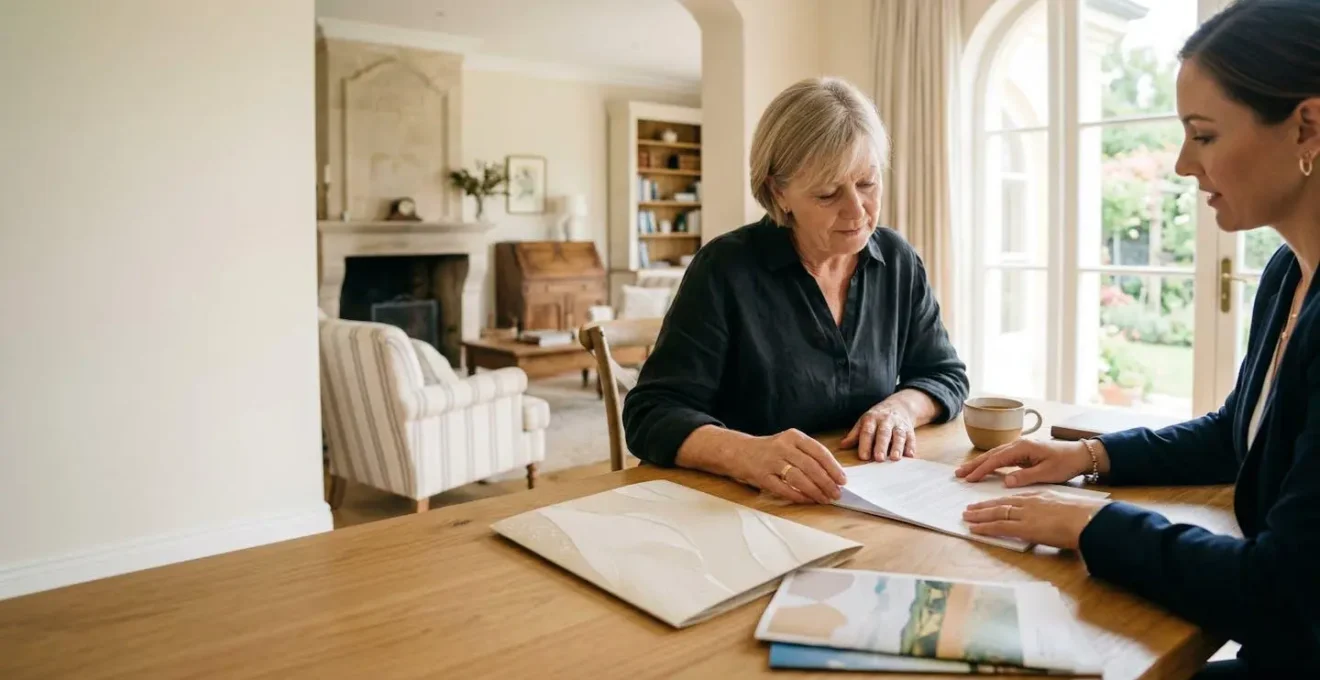 Exploitant de chambres d'hôtes consultant des documents d'assurance dans un environnement professionnel serein