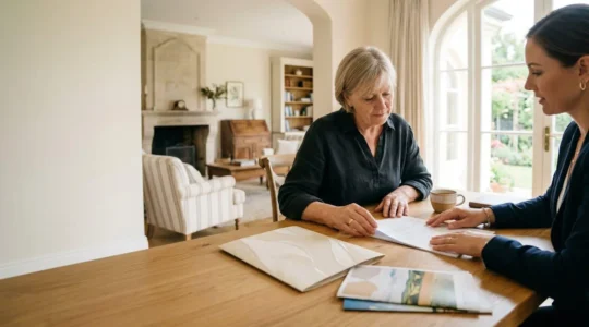 Exploitant de chambres d'hôtes consultant des documents d'assurance dans un environnement professionnel serein