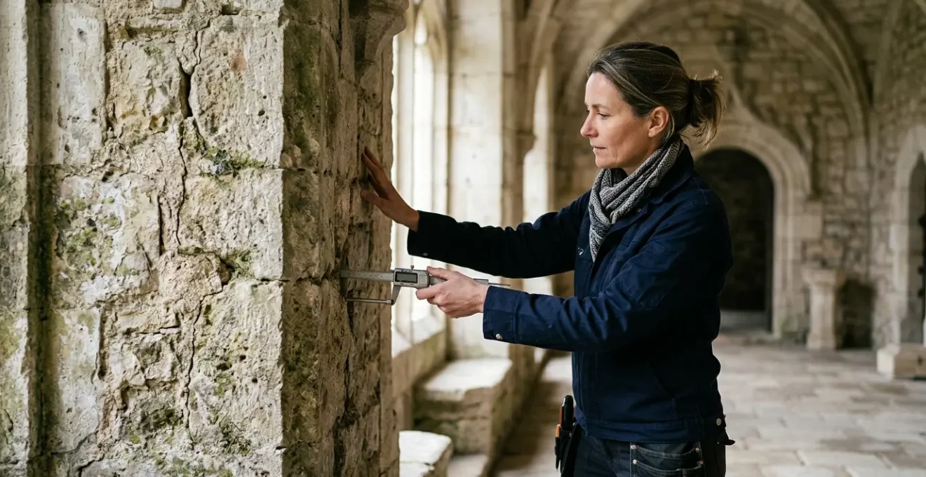 Professionnel réalisant un audit structurel sur un château historique français
