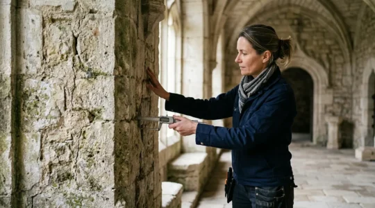 Professionnel réalisant un audit structurel sur un château historique français