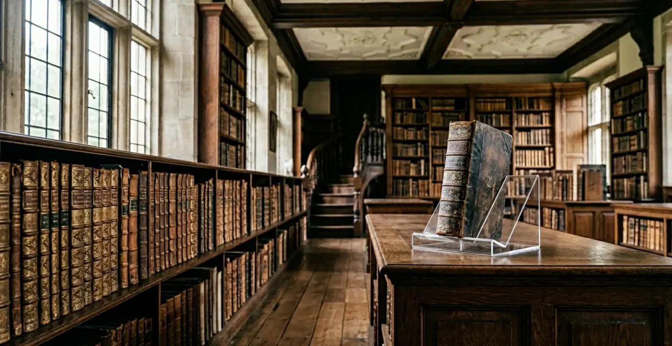 Bibliothèque historique privée avec livres anciens sous protection muséale
