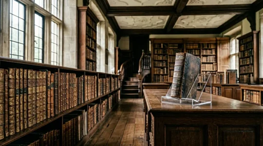 Bibliothèque historique privée avec livres anciens sous protection muséale