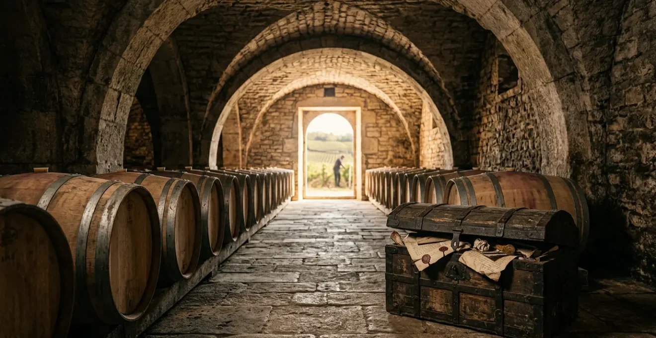 Scène symbolique évoquant la protection d'un patrimoine viticole historique par une couverture d'assurance globale