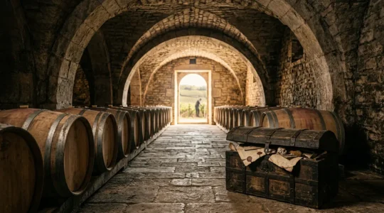 Scène symbolique évoquant la protection d'un patrimoine viticole historique par une couverture d'assurance globale