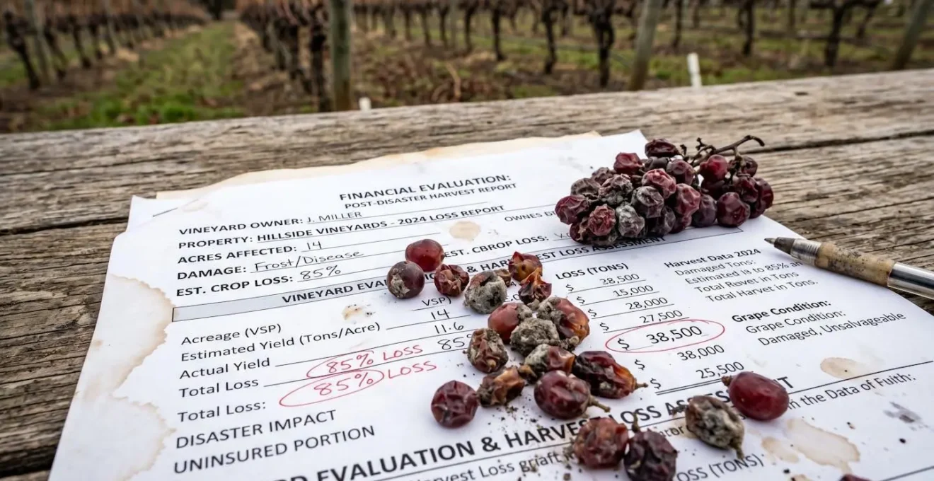 Vue macro sur des documents comptables et grains de raisin symbolisant l'évaluation financière après sinistre viticole