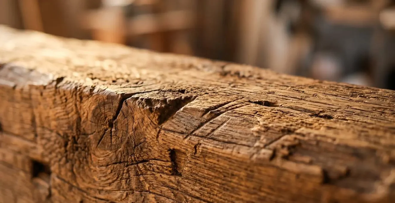 Détails de charpente ancienne en bois massif en cours de restauration