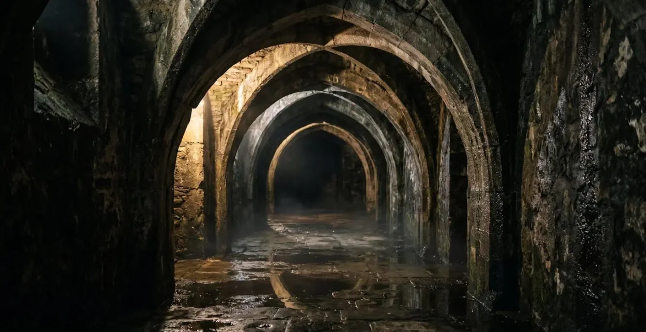 Cave voûtée de château avec risques d'humidité pour le stockage d'objets précieux