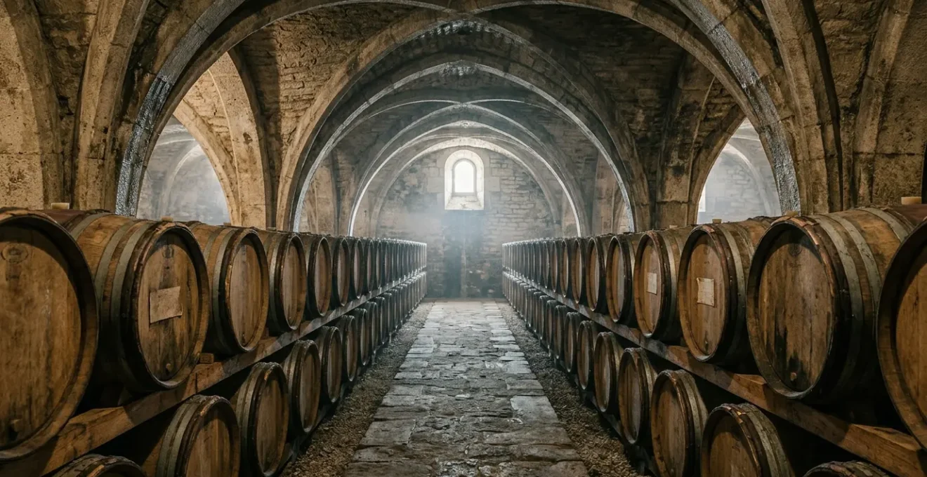 Cave voûtée ancienne d'un château viticole français avec barriques en bois et lumière naturelle tamisée