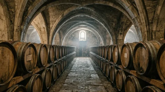 Cave voûtée ancienne d'un château viticole français avec barriques en bois et lumière naturelle tamisée