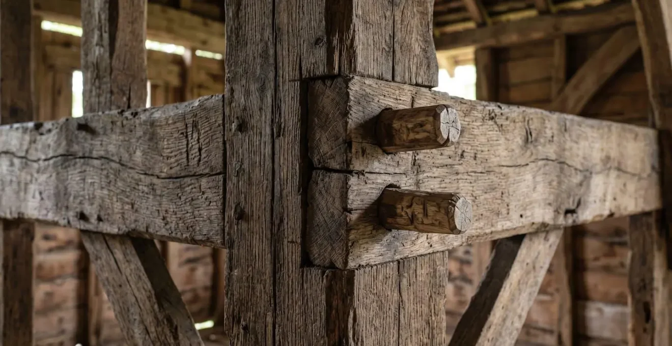 Détails d'une charpente en chêne ancien avec assemblages traditionnels et chevillage bois