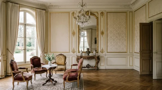 Intérieur de château avec antiquités et mobilier précieux illustrant la protection patrimoniale