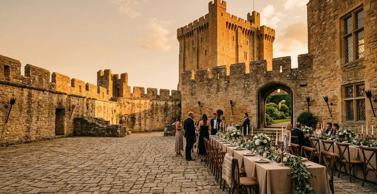 Cour d'honneur d'un château médiéval avec remparts en pierre lors d'une réception de mariage haut de gamme