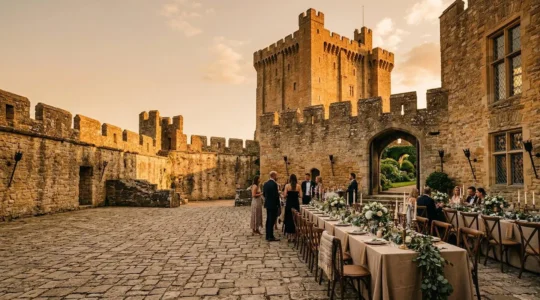 Cour d'honneur d'un château médiéval avec remparts en pierre lors d'une réception de mariage haut de gamme