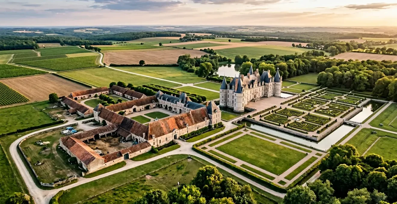 Vue d'un château français classé monument historique entouré de vastes dépendances et de terres, illustrant les enjeux de la fiscalité immobilière locale