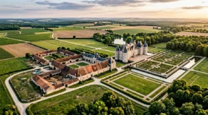 Vue d'un château français classé monument historique entouré de vastes dépendances et de terres, illustrant les enjeux de la fiscalité immobilière locale