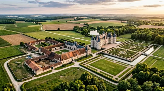 Vue d'un château français classé monument historique entouré de vastes dépendances et de terres, illustrant les enjeux de la fiscalité immobilière locale