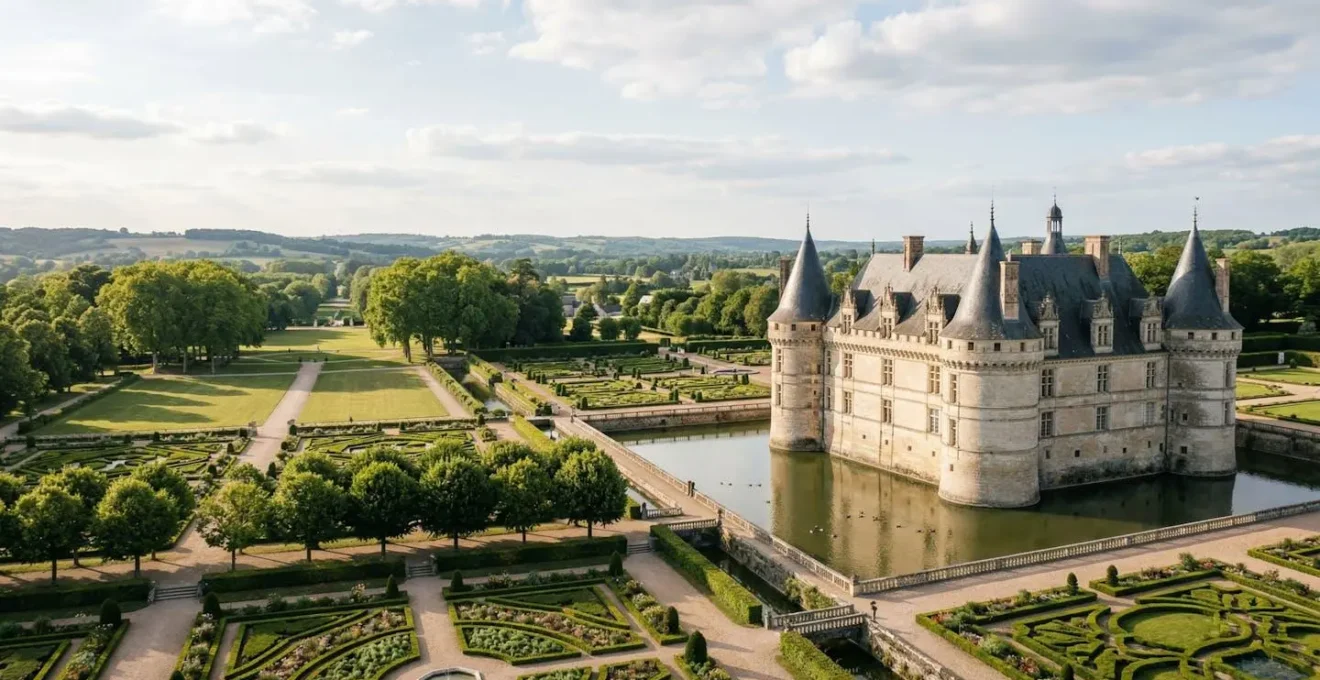 Vue panoramique d'un château historique français avec ses tours et douves, entouré de jardins, incarnant le patrimoine culturel et le potentiel touristique