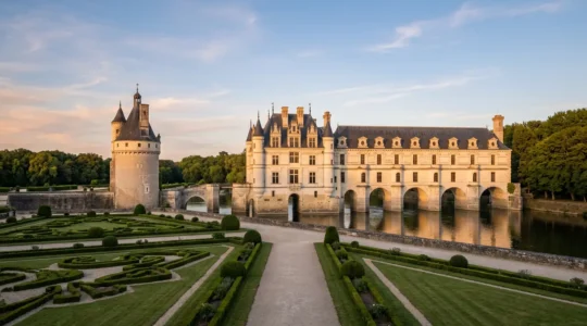 Façade majestueuse d'un château Renaissance du Val de Loire au coucher du soleil avec jardins à la française
