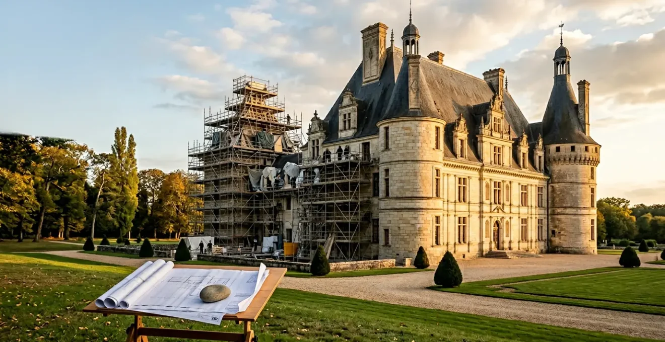 Château historique en rénovation avec échafaudages et documents fiscaux