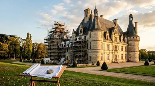 Château historique en rénovation avec échafaudages et documents fiscaux