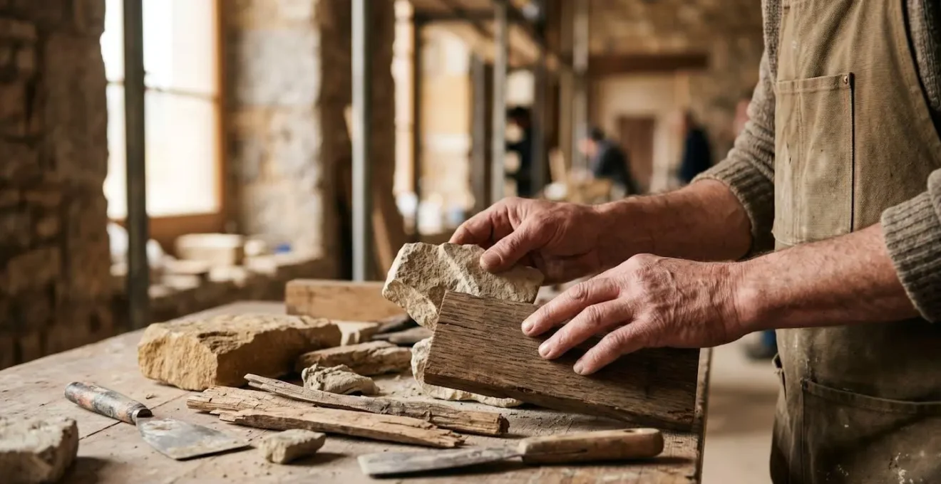 Professionnel du patrimoine examinant des échantillons de matériaux de restauration lors d'une visite de chantier