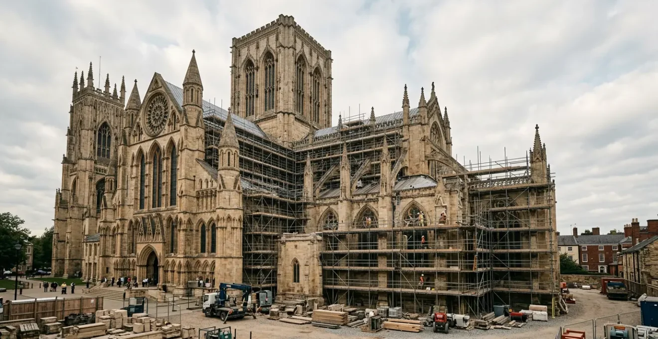Chantier de restauration de monument historique avec artisans spécialisés au travail
