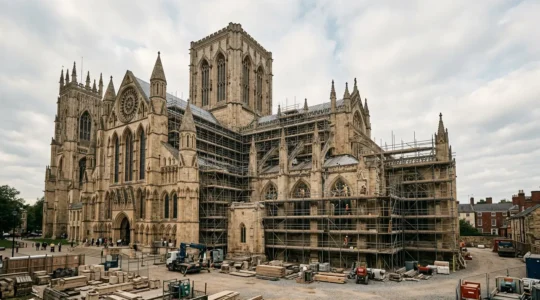 Chantier de restauration de monument historique avec artisans spécialisés au travail