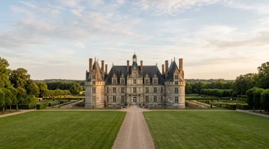 Vue professionnelle d'un château français ancien montrant l'architecture patrimoniale nécessitant un diagnostic sanitaire avant achat