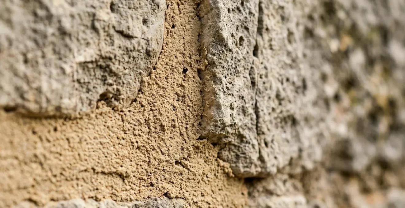 Gros plan macro sur mortier de chaux traditionnel appliqué sur pierre ancienne révélant texture et grain