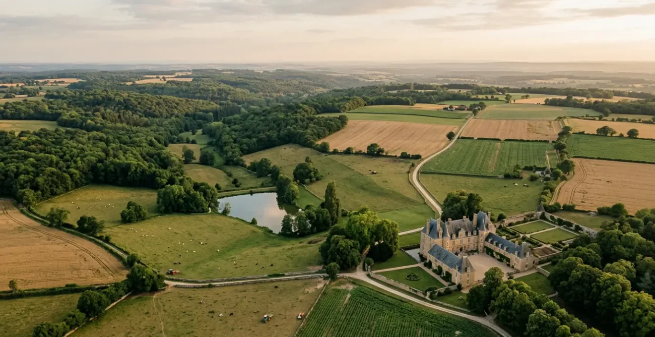 Vaste domaine rural avec terres agricoles, parcelles forestières et bâtisse de prestige dans un paysage préservé