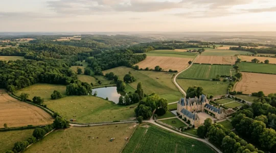 Vaste domaine rural avec terres agricoles, parcelles forestières et bâtisse de prestige dans un paysage préservé