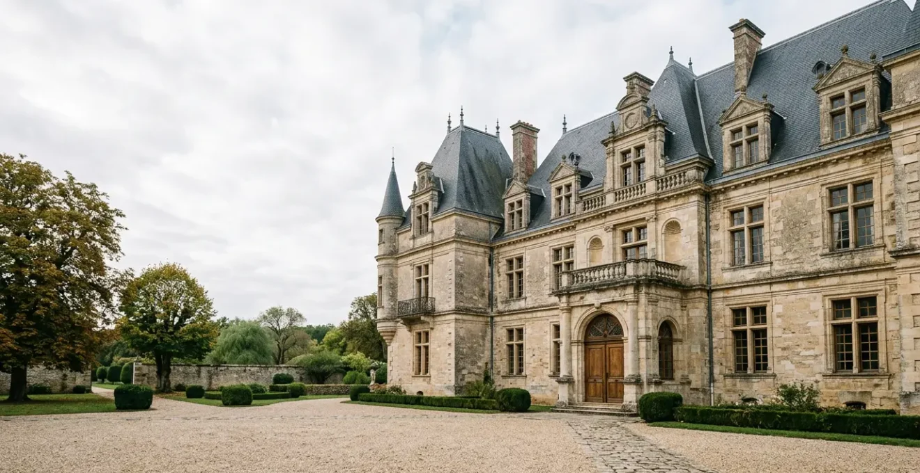 Vue architecturale majestueuse d'un château historique français avec façade en pierre de taille séculaire, baigné de lumière naturelle