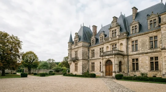 Vue architecturale majestueuse d'un château historique français avec façade en pierre de taille séculaire, baigné de lumière naturelle