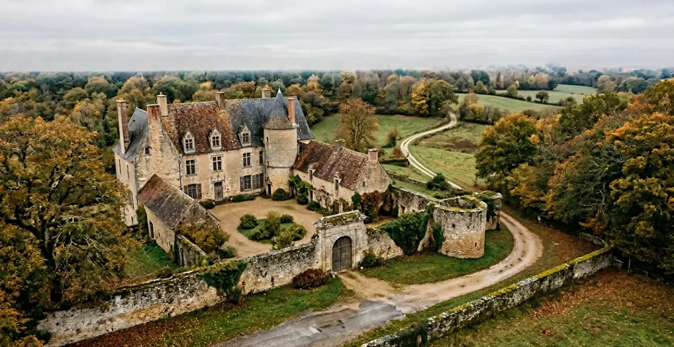 Vue architecturale majestueuse d'un château ou manoir historique français avec ses dépendances et parc boisé