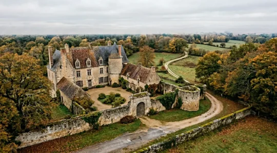 Vue architecturale majestueuse d'un château ou manoir historique français avec ses dépendances et parc boisé
