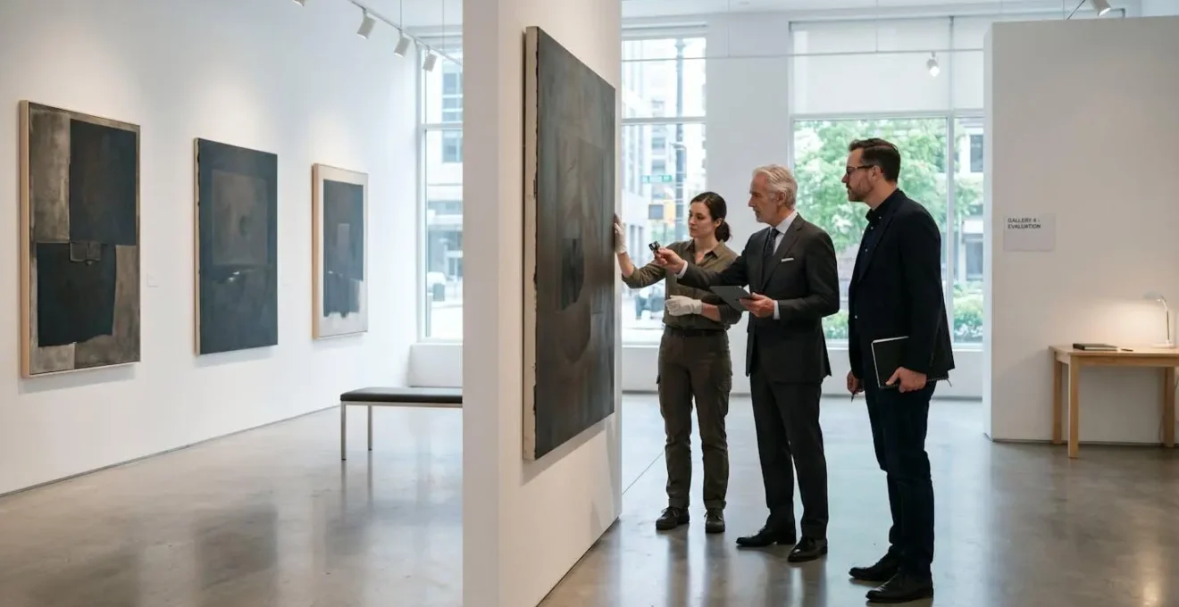 Un environnement de galerie minimaliste suggérant l'évaluation professionnelle d'œuvres d'art