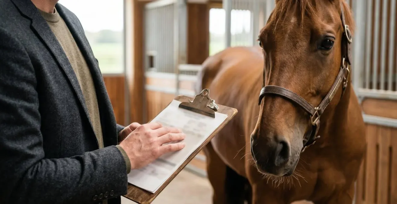 Expert équin indépendant procédant à l'évaluation professionnelle d'un cheval de sport