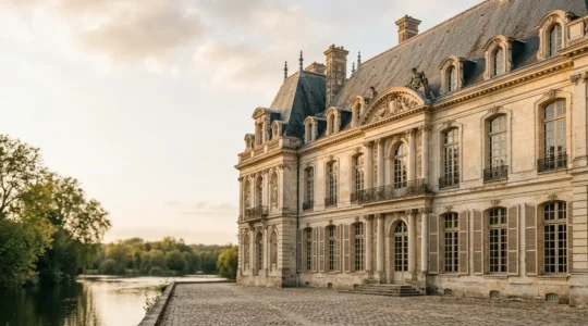 Façade en pierre d'un bâtiment historique français avec détails architecturaux patrimoniaux