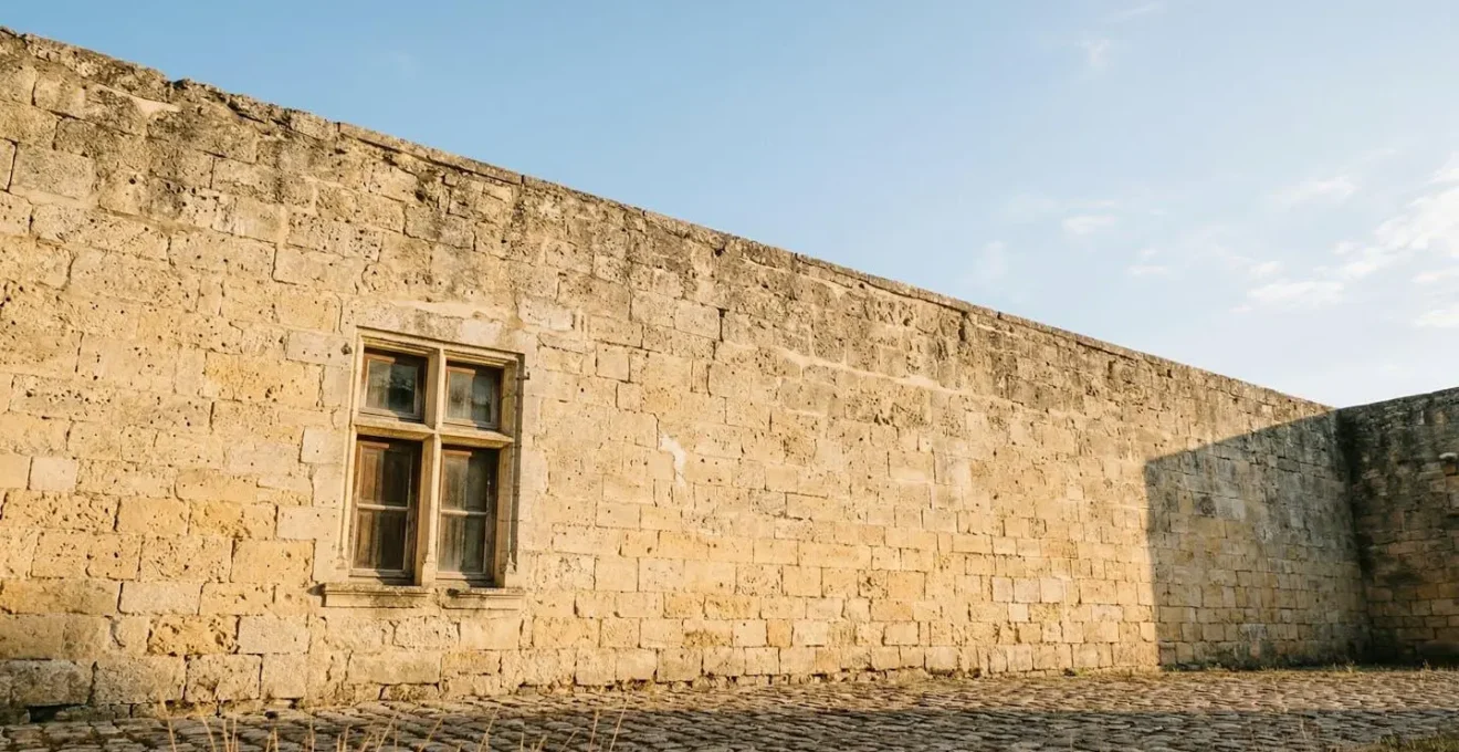 Détail d'une façade en pierre calcaire blonde du Sud-Ouest sous la lumière estivale révélant la texture poreuse naturelle et les joints à la chaux