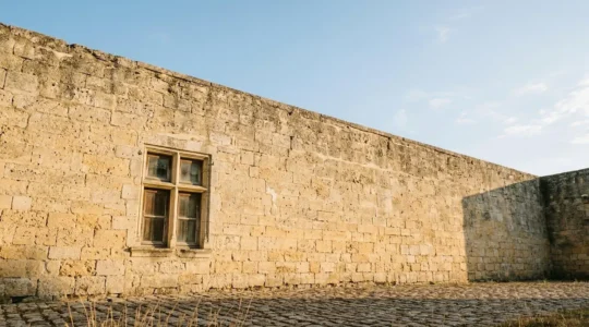 Détail d'une façade en pierre calcaire blonde du Sud-Ouest sous la lumière estivale révélant la texture poreuse naturelle et les joints à la chaux
