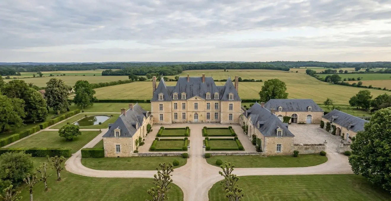 Vue architecturale d'un domaine classé monument historique avec ses dépendances restaurées