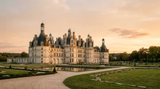 Château historique français en cours de restauration avec échafaudages