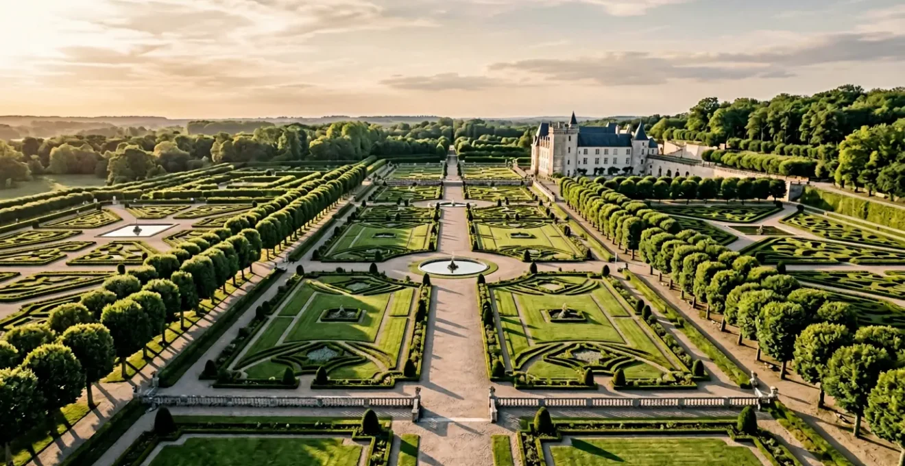 Vue aérienne d'un jardin à la française de domaine classé avec pelouse verte impeccable et perspectives monumentales