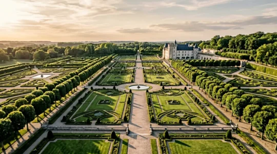 Vue aérienne d'un jardin à la française de domaine classé avec pelouse verte impeccable et perspectives monumentales